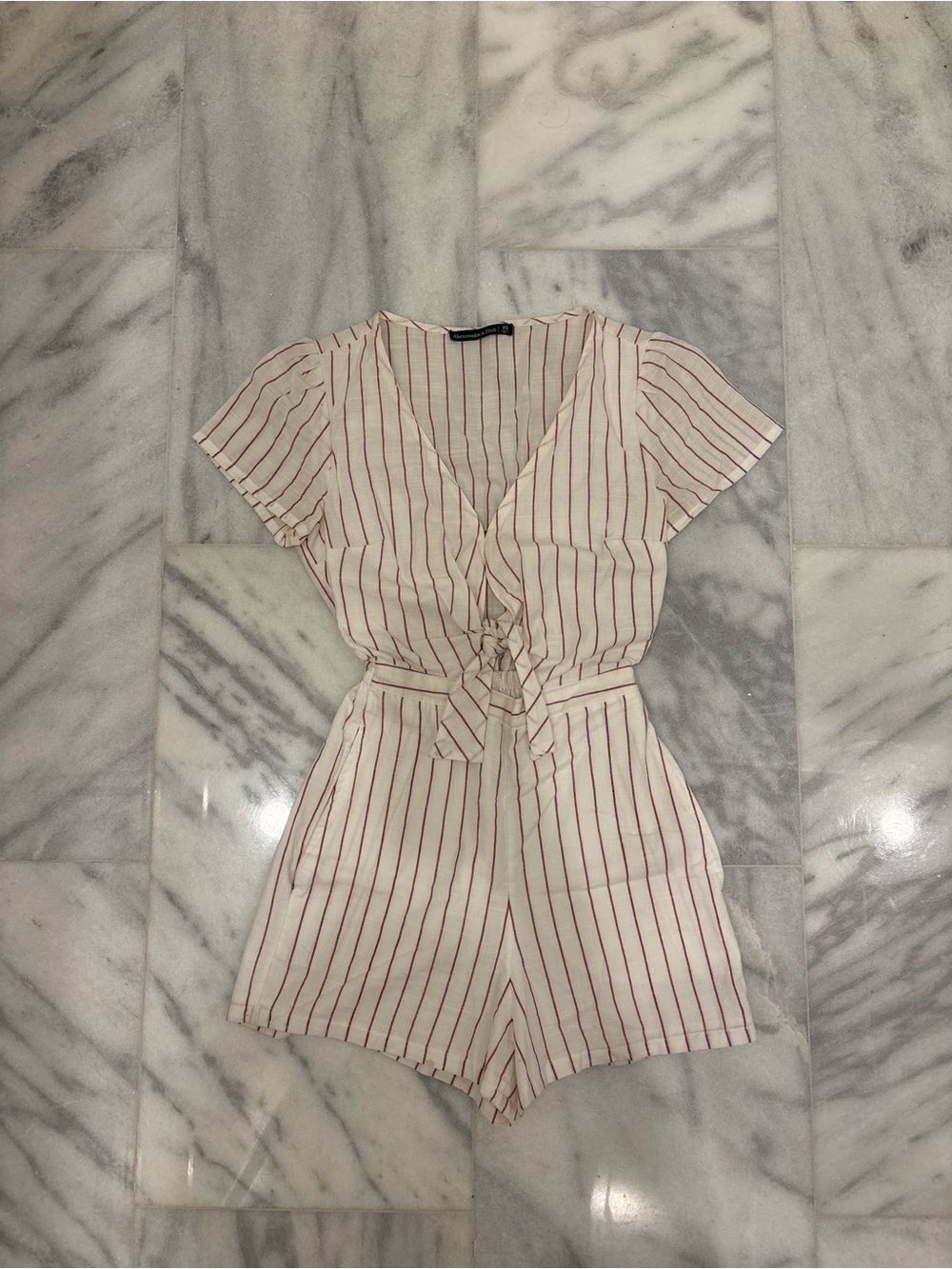 Abercrombie & Fitch Cream Romper with Red Pinstripes and Tie Front